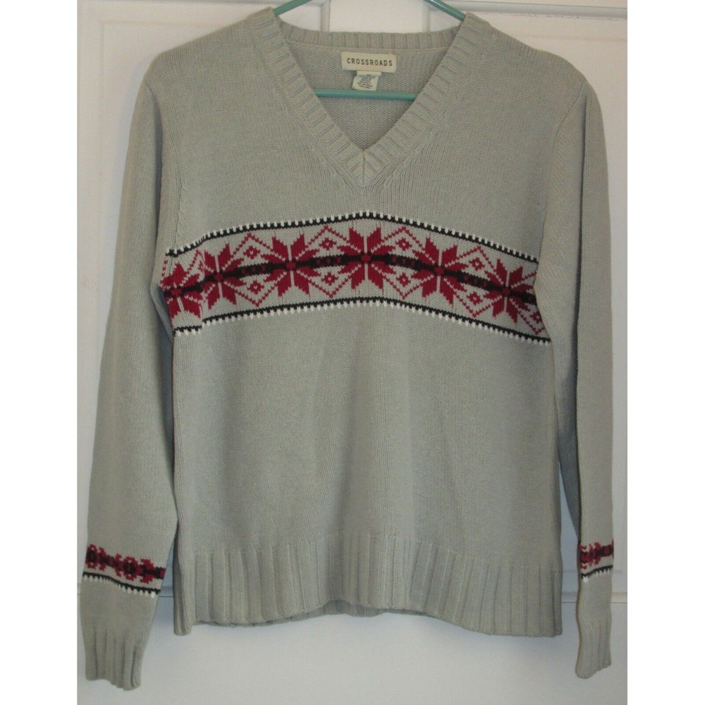 Crossroads Women's Gray Fair Isle V-Neck Long Sleeve Tight Knit Sweater Size M